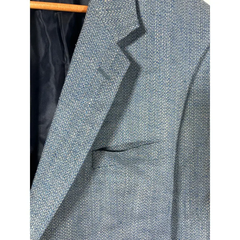 Vintage Norm Thompson Sport Coat 46 LONG Blue Tan 100% Pure Silk Deadstock